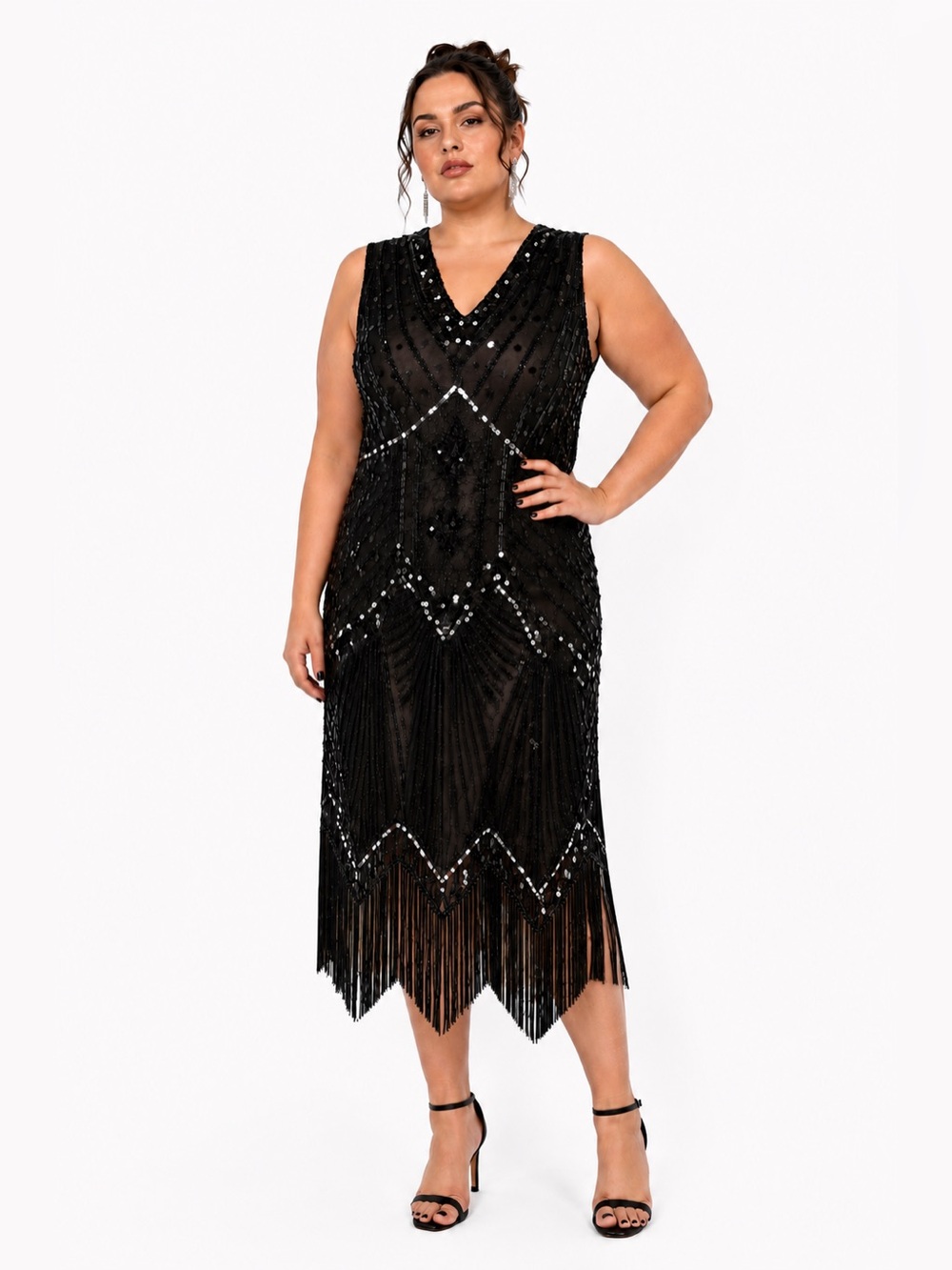 Black Beaded Fringe V-Neck Cocktail Dress